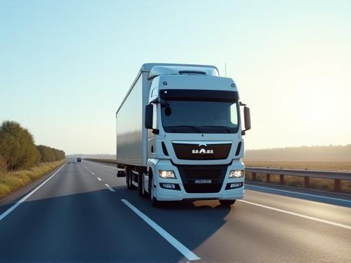 Photo of a truck driving on a road in Europe.