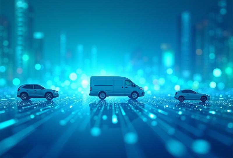 Illustration of connected vehicles and data points representing digital mobility solutions.