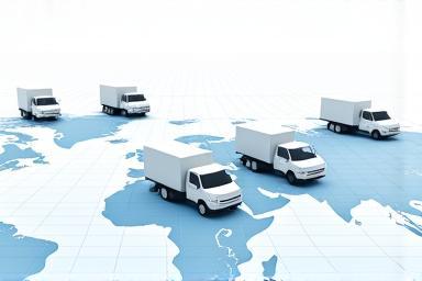Illustration of a fleet of trucks on a digital map.