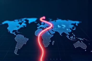 Illustration of a route line on a map with optimization symbols.