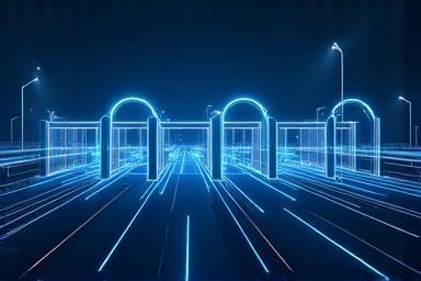 Illustration of digital toll gates and network connections.